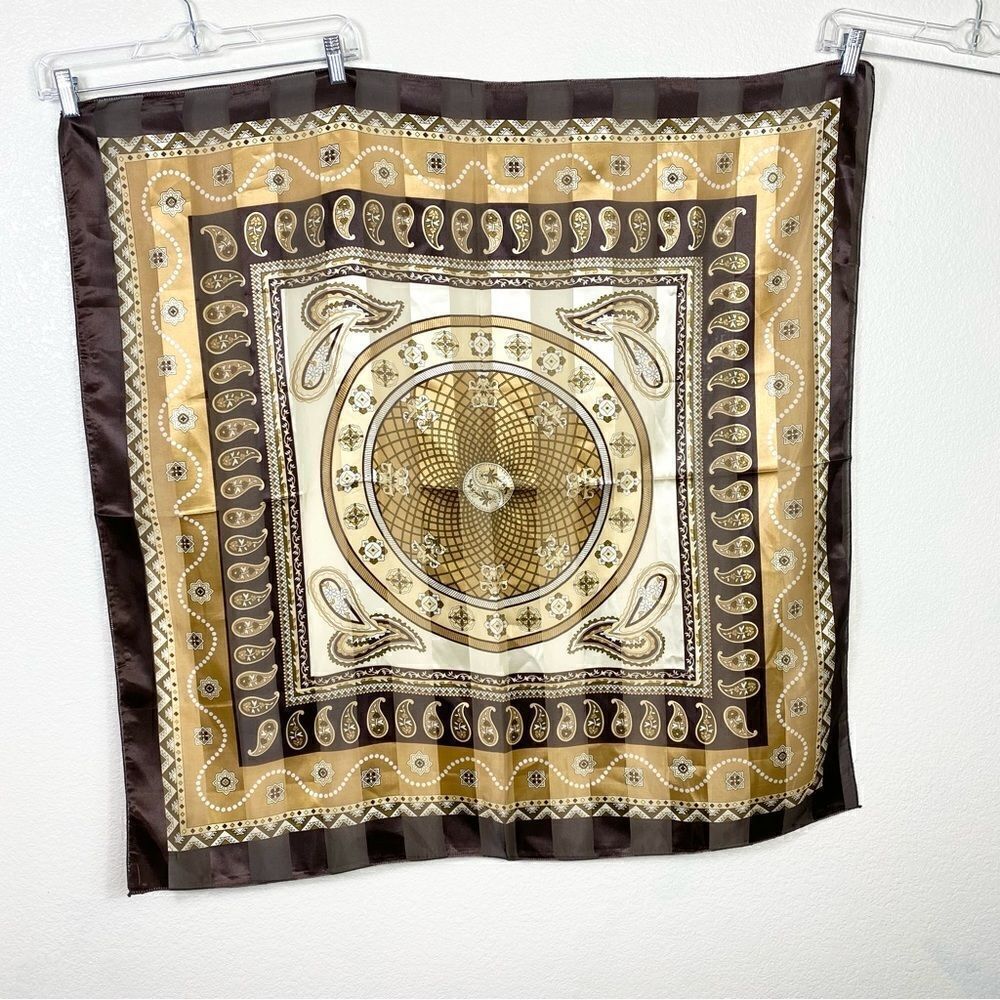 Brown & Tan Paisley Circular Pattern Satin Square Scarf